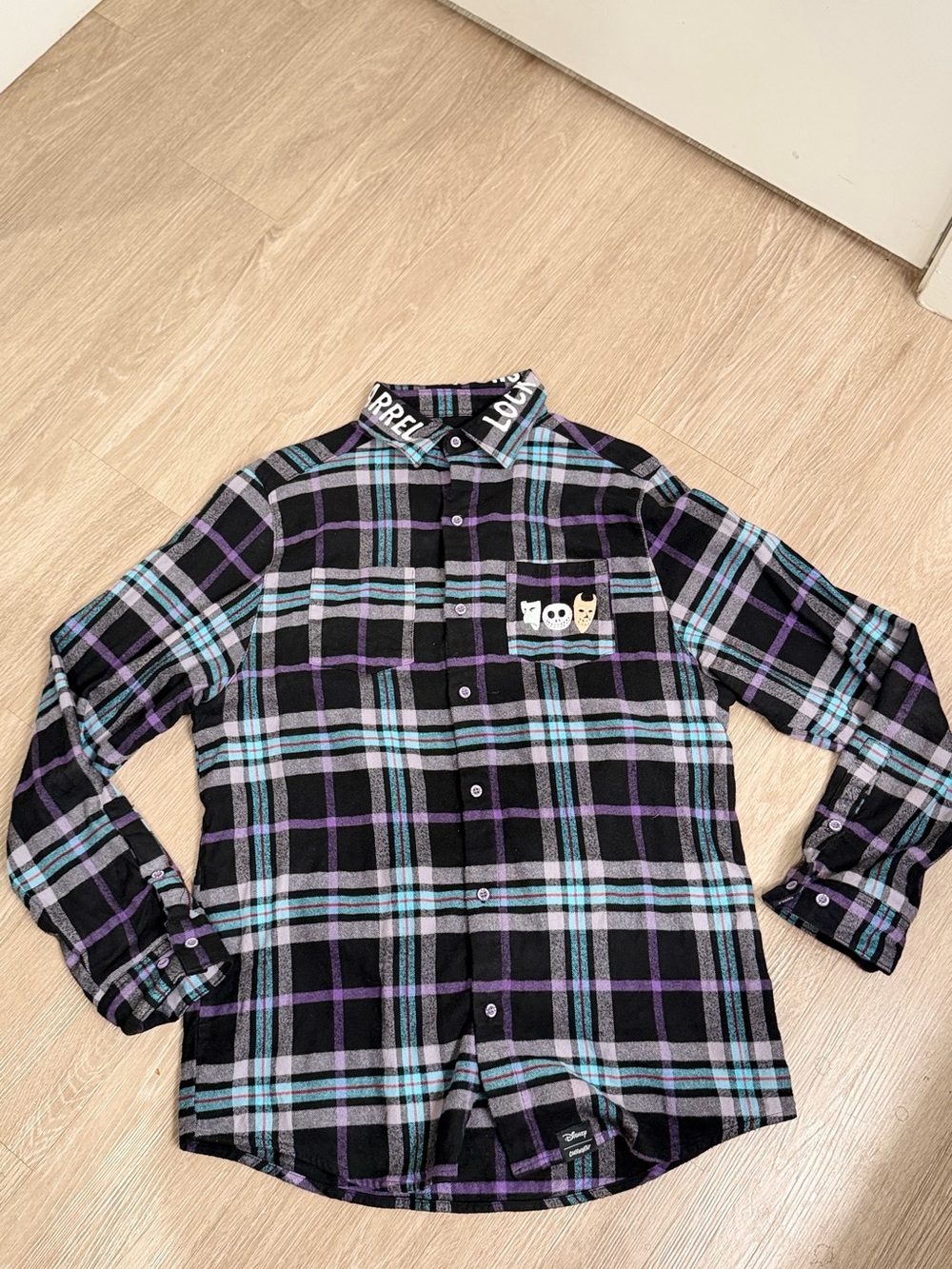 Disney Black Plaid Button-Down Shirt with Purple & Teal Stripes